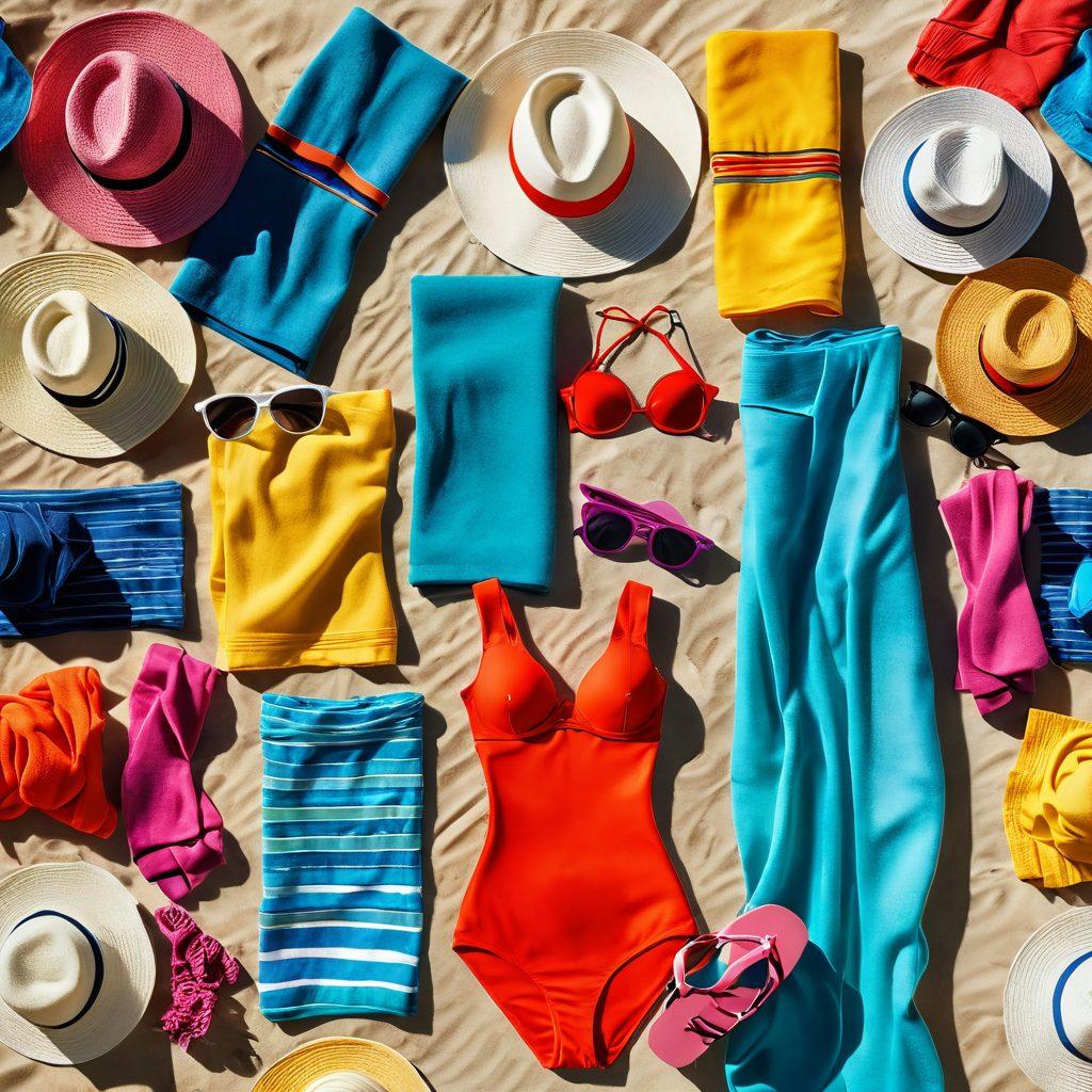 A vibrant beach scene showcasing a variety of stylish swimwear on mannequins and vibrant beach accessories like hats, sunglasses, and towels arranged artistically. The sunlight casts playful shadows on the sandy beach, with waves gently lapping in the background. The color palette is bright and summery. super-realistic. vibrant colors. sunny atmosphere.